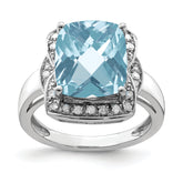Sterling Silver Rhodium Diam. & Checker-Cut Sky Blue Topaz Ring