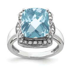 Sterling Silver Rhodium Diam. & Checker-Cut Sky Blue Topaz Ring