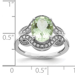 Sterling Silver Rhodium Diam. & Oval Green Quartz Ring