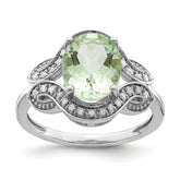 Sterling Silver Rhodium Diam. & Oval Green Quartz Ring