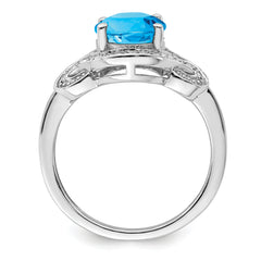 Sterling Silver Rhodium Diam. & Oval Blue Topaz Ring
