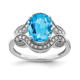 Sterling Silver Rhodium Diam. & Oval Blue Topaz Ring