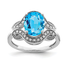 Sterling Silver Rhodium Diam. & Oval Blue Topaz Ring