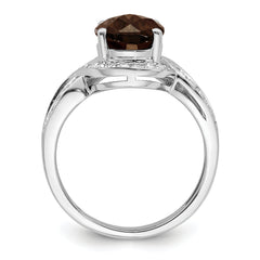 Sterling Silver Rhodium Diam. & Oval Checker-Cut Smoky Quartz Ring