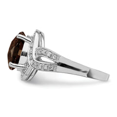 Sterling Silver Rhodium Diam. & Oval Checker-Cut Smoky Quartz Ring