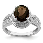 Sterling Silver Rhodium Diam. & Oval Checker-Cut Smoky Quartz Ring