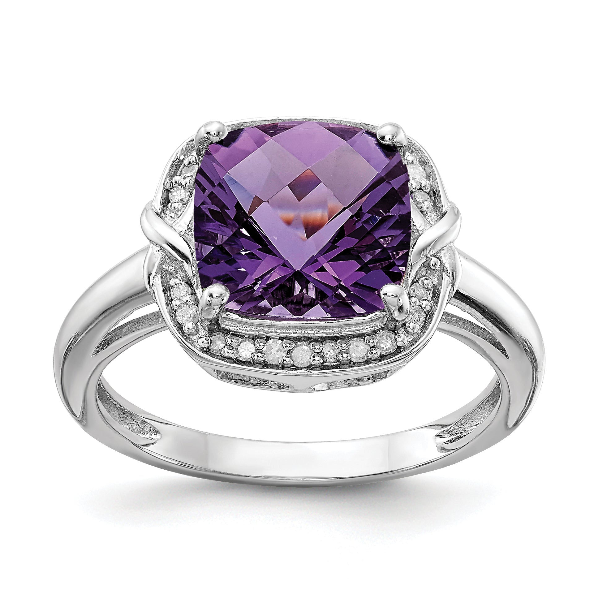 Sterling Silver Rhodium-plated Diamond & Checker-Cut Amethyst Ring