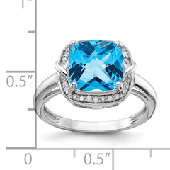 Sterling Silver Rhodium Diam. & Checker-Cut Blue Topaz Ring