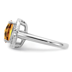 Sterling Silver Rhodium Diam. & Checker-Cut Whiskey Quartz Ring