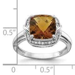 Sterling Silver Rhodium Diam. & Checker-Cut Whiskey Quartz Ring