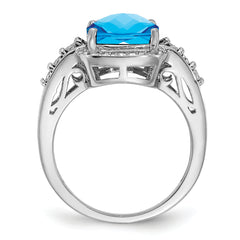Sterling Silver Rhodium Diam. & Checker-Cut Blue Topaz Ring