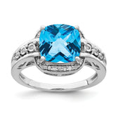 Sterling Silver Rhodium Diam. & Checker-Cut Blue Topaz Ring