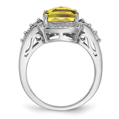 Sterling Silver Rhodium Diam. & Checker-Cut Lemon Quartz Ring