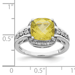 Sterling Silver Rhodium Diam. & Checker-Cut Lemon Quartz Ring