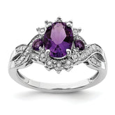 Sterling Silver Rhodium-plated Diamond & Amethyst Ring
