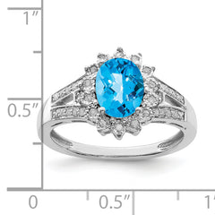 Sterling Silver Rhodium Diam. & Oval Checker-Cut Blue Topaz Ring