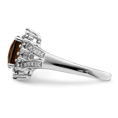 Sterling Silver Rhodium Diam. & Oval Checker-Cut Smoky Quartz Ring