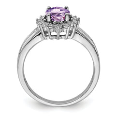 Sterling Silver Rhodium Diam. & Oval Pink Quartz Ring
