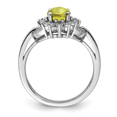 Sterling Silver Rhodium Diam. & Oval Checker-Cut Lemon Quartz Ring