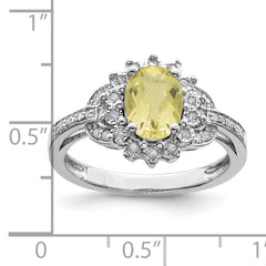 Sterling Silver Rhodium Diam. & Oval Checker-Cut Lemon Quartz Ring