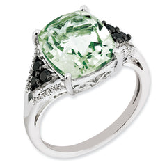 Sterling Silver Rhodium-plated Diamond & Green Quartz Ring