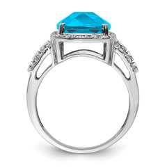 Sterling Silver Rhodium Checker-Cut Blue Topaz & Diam. Ring