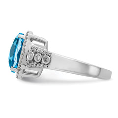Sterling Silver Rhodium Checker-Cut Blue Topaz & Diam. Ring