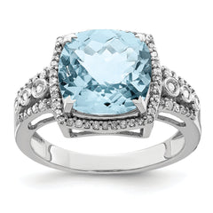 Sterling Silver Rhodium Diam. & Checker-Cut Sky Blue Topaz Ring