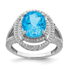 Sterling Silver Rhodium Oval Blue Topaz & Diam. Ring