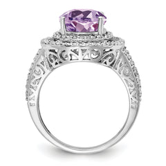 Sterling Silver Rhodium Oval Diam. & Pink Quartz Ring