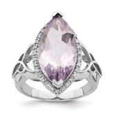 Sterling Silver Rhodium Diam. & Pink Quartz Ring