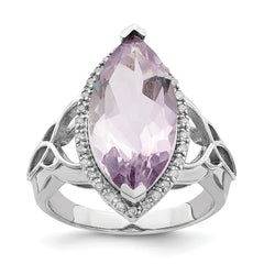 Sterling Silver Rhodium Diam. & Pink Quartz Ring