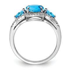 Sterling Silver Rhodium Oval Blue Topaz & Diam. Ring