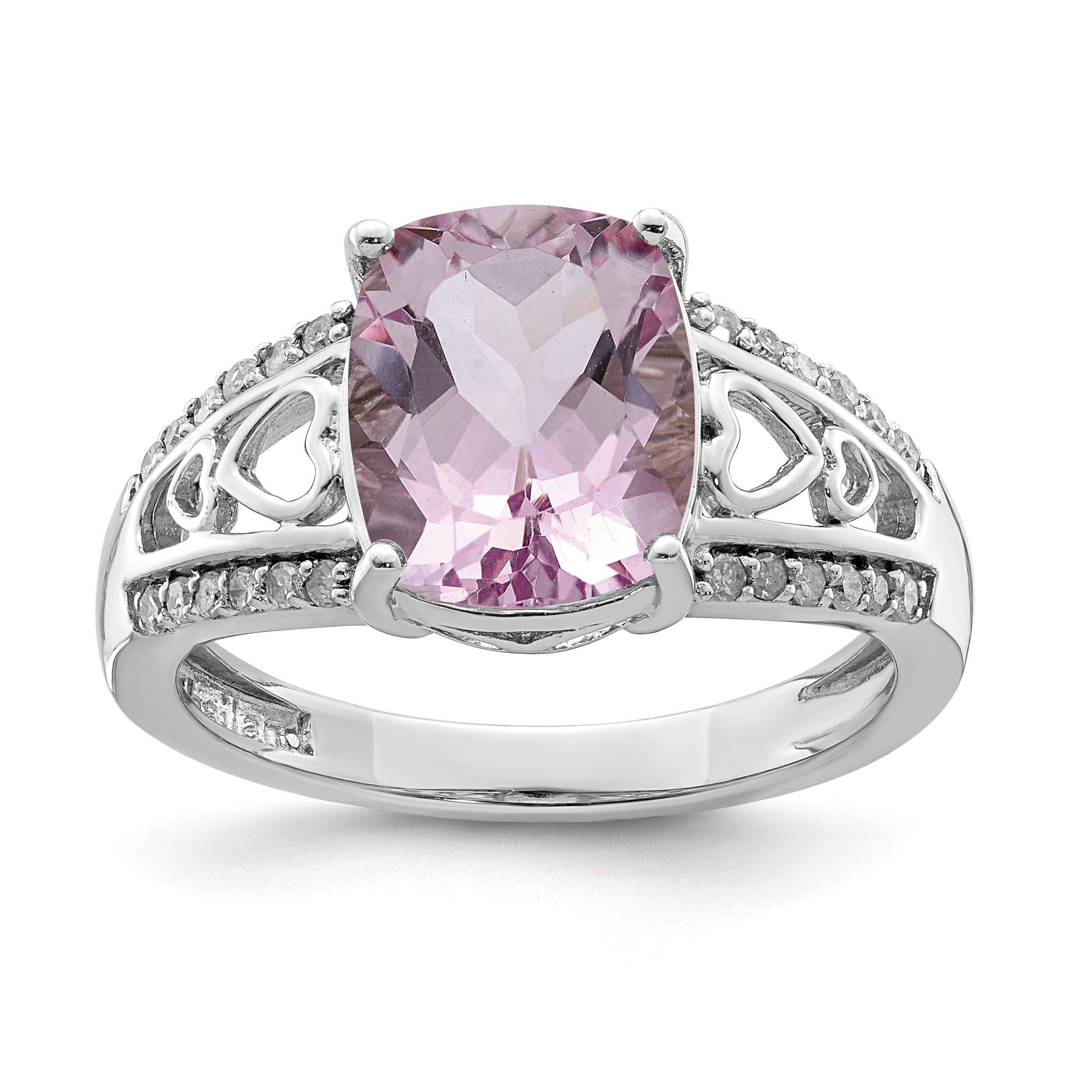 Sterling Silver Rhodium Diam. & Pink Quartz Ring