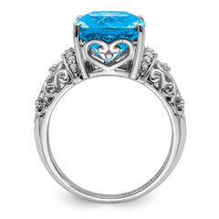 Sterling Silver Rhodium Checker-Cut Blue Topaz & Diam. Ring