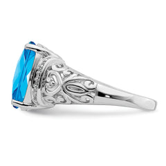 Sterling Silver Rhodium Checker-Cut Blue Topaz & Diam. Ring