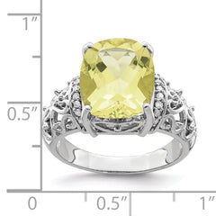 Sterling Silver Rhodium Diam. & Checker-Cut Lemon Quartz Ring