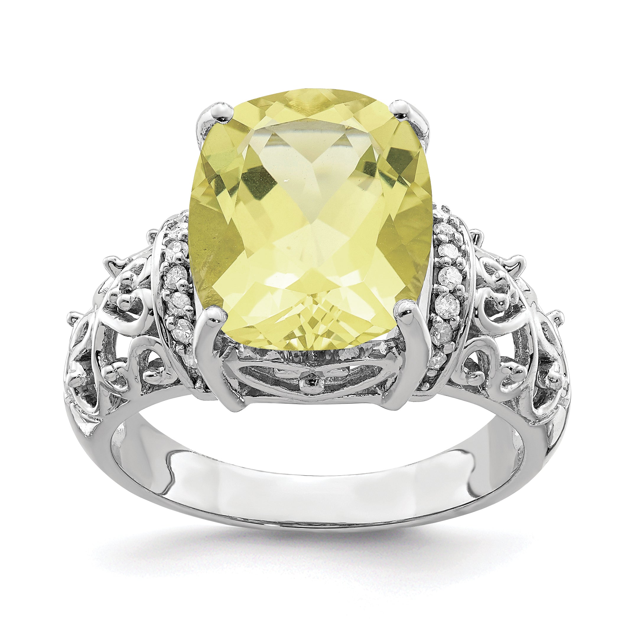 Sterling Silver Rhodium Diam. & Checker-Cut Lemon Quartz Ring