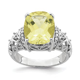 Sterling Silver Rhodium Diam. & Checker-Cut Lemon Quartz Ring