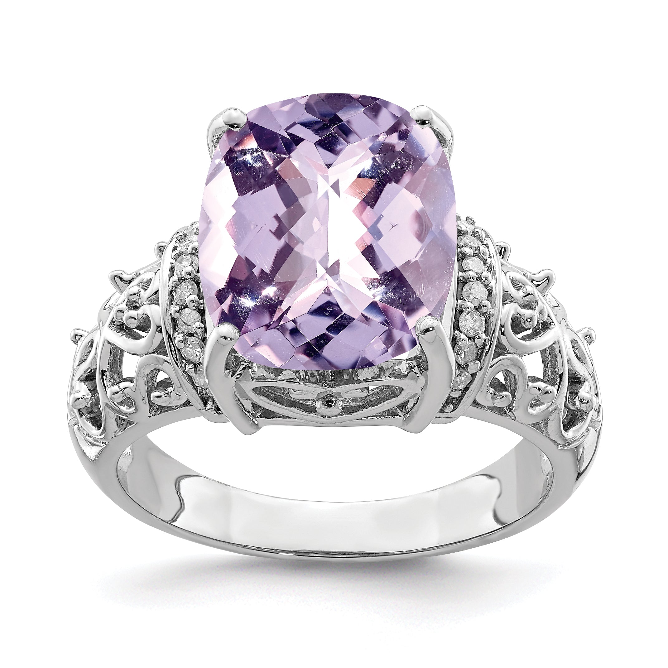 Sterling Silver Rhodium Diam. & Checker-Cut Pink Quartz Ring