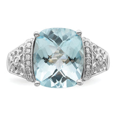 Sterling Silver Rhodium Diam. & Checker-Cut Sky Blue Topaz Ring