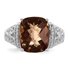 Sterling Silver Rhodium Diam. & Checker-Cut Smoky Quartz Ring