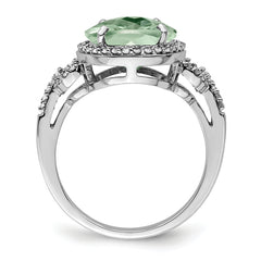 Sterling Silver Rhodium Oval Diam. & Checker-Cut Green Quartz Ring