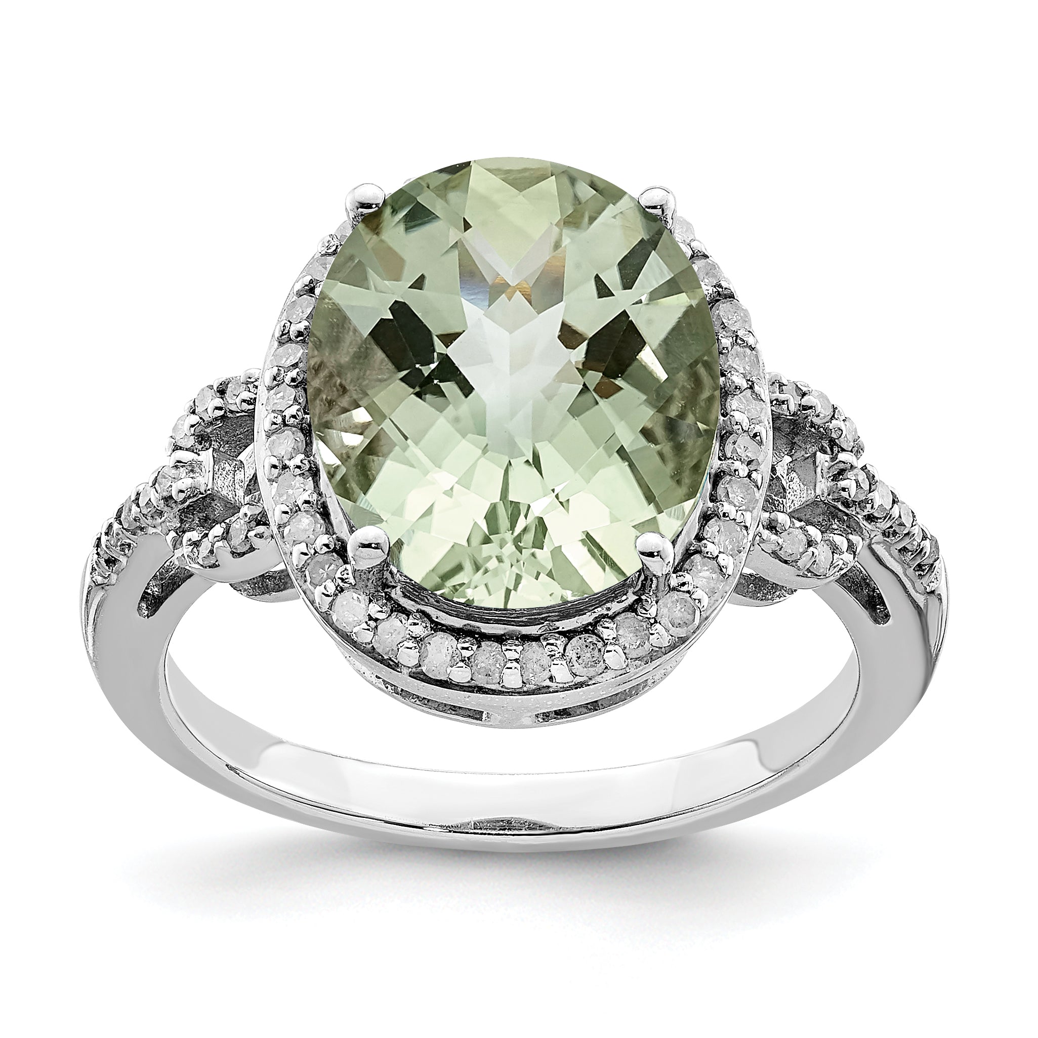 Sterling Silver Rhodium Oval Diam. & Checker-Cut Green Quartz Ring