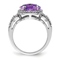 Sterling Silver Rhodium Oval Checker-Cut Amethyst & Diamond Ring