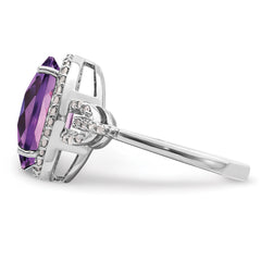 Sterling Silver Rhodium Oval Checker-Cut Amethyst & Diamond Ring