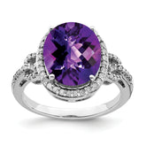 Sterling Silver Rhodium Oval Checker-Cut Amethyst & Diamond Ring
