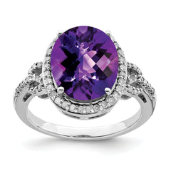 Sterling Silver Rhodium Oval Checker-Cut Amethyst & Diamond Ring