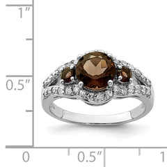 Sterling Silver Rhodium Diam. & Smoky Quartz Ring