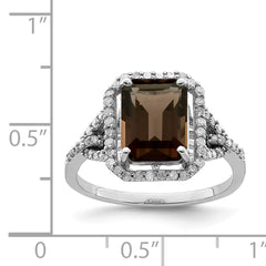 Sterling Silver Rhodium Octagonal Diam. & Smoky Quartz Ring